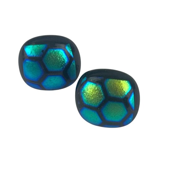 Blue & Green Iridescent Glass Stud Earrings With Honeycomb Design - Picture 1 of 6